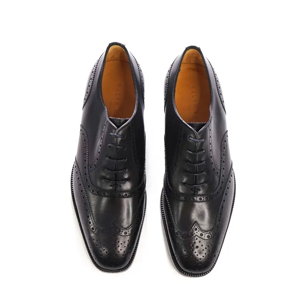 $1,350 RALPH LAUREN - Black Leather Wingtip Oxfords - 9 E